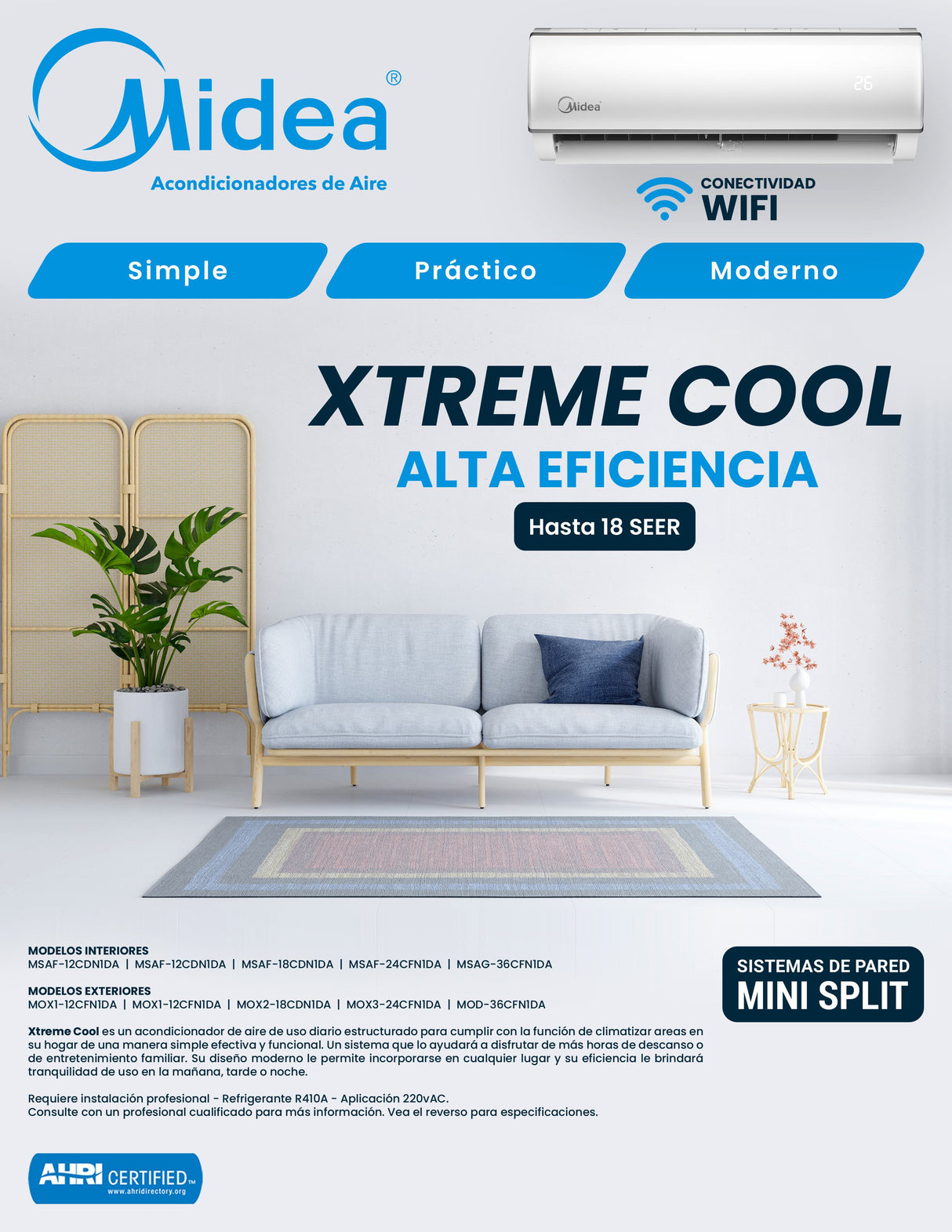AIRE ACONDICIONADO MIDEA XTREME SPLIT DE PARED INVERTER 12K BTU SEER 21